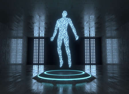Dark sci-fi room with neon platform and digital man on that. Science fiction, future, technology, human-computer symbiosis. 3d rendering.の写真素材