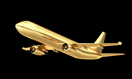 Golden airplane isolated on black background. 3d rendering.の写真素材