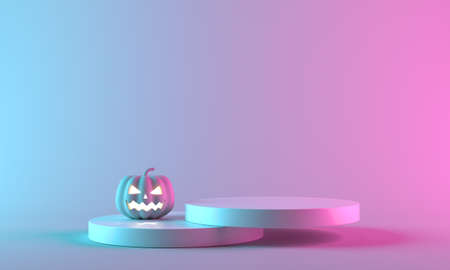 Pink Halloween pumpkin with podium display stand on pastel background. 3d rendering.の写真素材