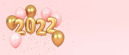 New Years golden and pink balloons with copy space. 3d rendering