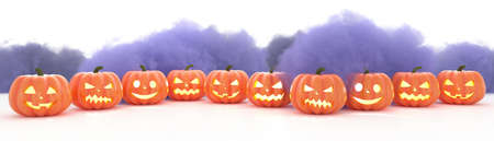 Many Halloween Pumpkins in a row on white backgroundの写真素材