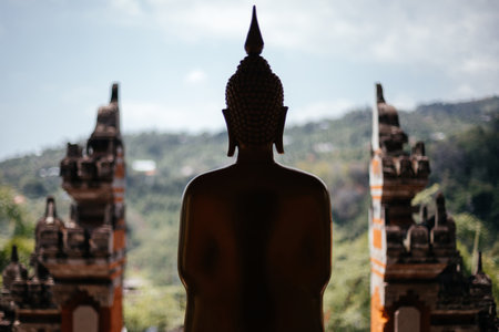 Silhouette of a buddha statue on the background of the balinese gate.の写真素材