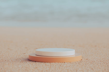 Empty round beige platform podium on the beach sand. Minimal creative composition backgroundの写真素材
