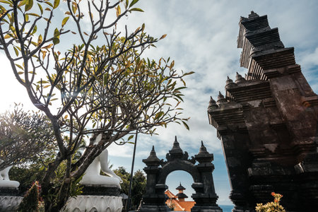 Brahmavihara-Arama temple on purple sunset, Bali, Indonesia.の写真素材