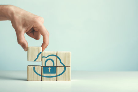 Assembled wooden cubes on the topic of cyber security leadership in business and life.の写真素材