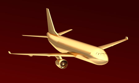 Golden airplane isolated on black background. Expensive travel concept. 3d rendering.