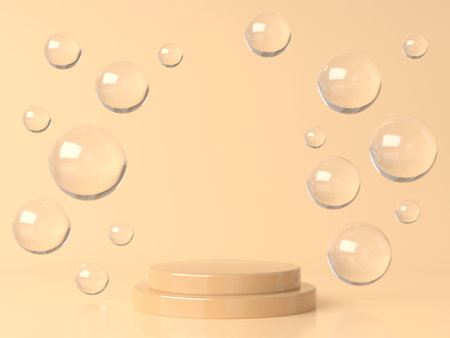 Beige round stage, pedestal or podium and water and glass bubbles or spheres in beige studio. 3d renderingの写真素材