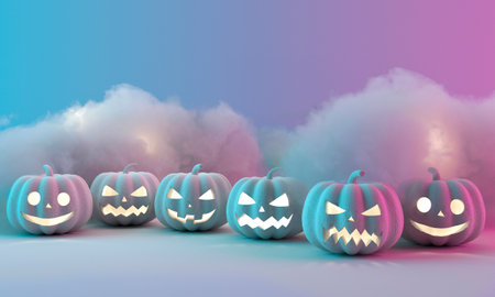 Many Halloween Pumpkins in a row on color background. 3d renderingの写真素材