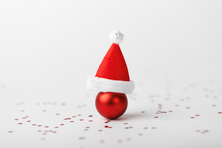 Christmas ball with Christmas hat on whiteの写真素材