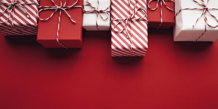 Gift boxes on color background, flat lay.