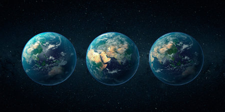 Three Planets Earth viewed from space with city lights. 3d rendering. Elements of this image...