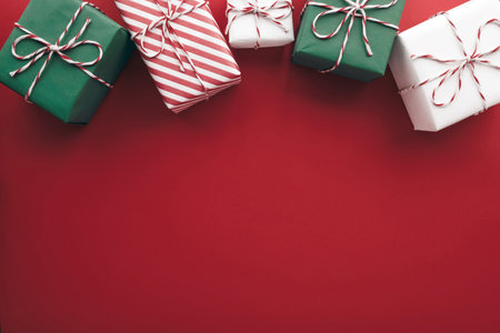 Gift boxes on color background, flat lay.