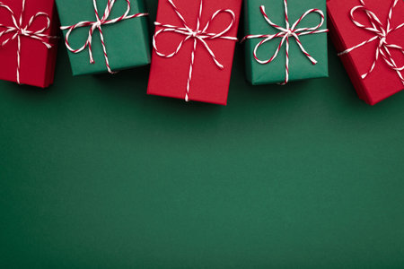 Gift boxes on color background, flat lay.の写真素材