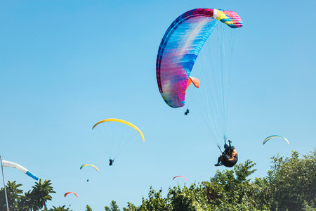 Paraglider in the blue sky. The sportsman flying on a paraglider.の写真素材