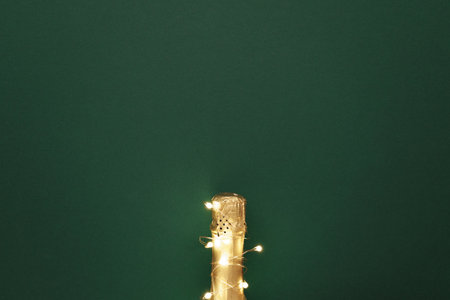 Champagne bottle with garlands on color backgroundの写真素材