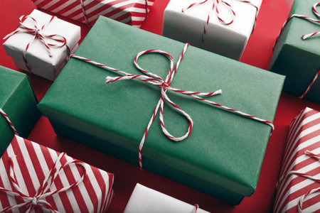 Color gift boxes on color background, flat lay
