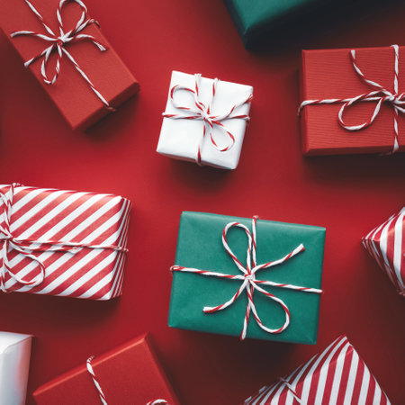 Gift boxes on color background, flat layの写真素材