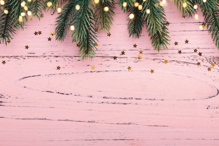Christmas background with fir tree, holiday decorationsの写真素材