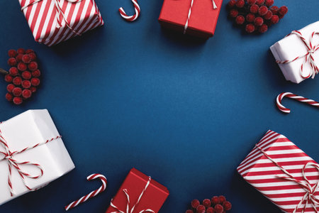 Gift boxes on color background, flat lay.