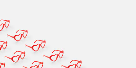 Pattern made with red heart shaped sunglasses on pastel color background. Valentine day concept.の写真素材
