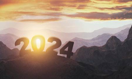 2024 on the mountains with a sunset sky background. 3d rendering.