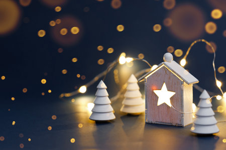 Christmas decorations with garland on dark background, copy spaceの写真素材