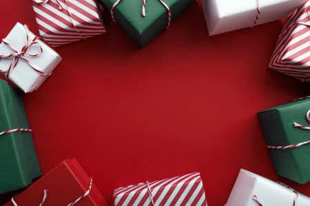 Gift boxes on color background, flat lay.