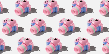 Pattern with camera on pastel color backgroundの写真素材