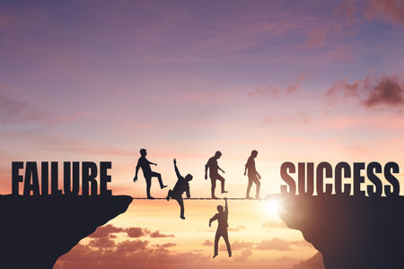 Silhouettes of people walking on a rope between rocks, success concept.