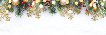 Christmas fir tree with decoration on snow background, flat layの写真素材
