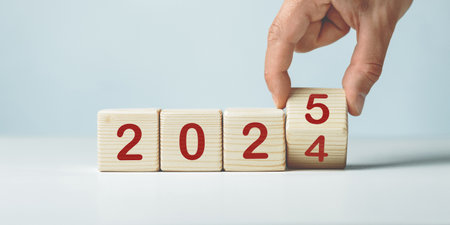 2025 year written on wooden cubesの写真素材