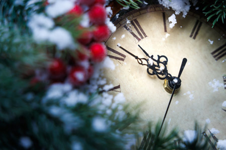 wintery holiday scene, peaceful winter setting with clock nestled among frosted evergreen boughs