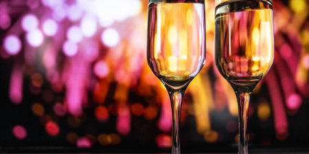 Elegant romantic celebration, Stylish evening with glowing glasses and celebratory fireworksの写真素材