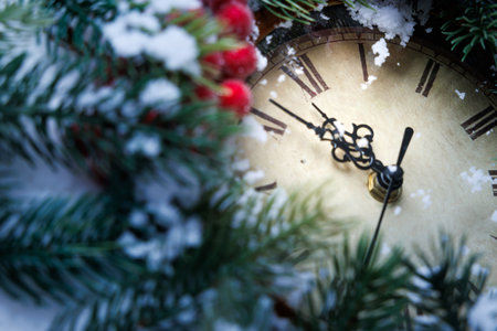 Antique timer ticking, Holiday season clock countdown, Snowdusted vintage holiday clock ticking downの写真素材
