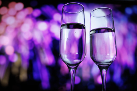Elegant toast in vibrant ambiance, Intimate revelry with sparkling drinks and colorful lightsの写真素材