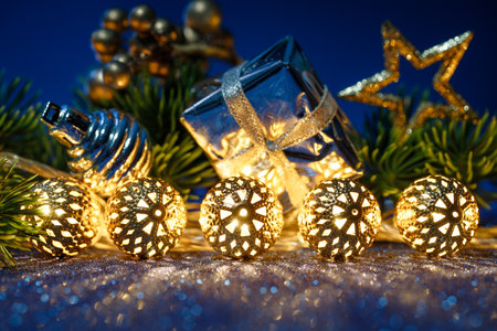 Golden lights enhance celebration atmosphere, Warm illumination creates cozy holiday party settingの写真素材