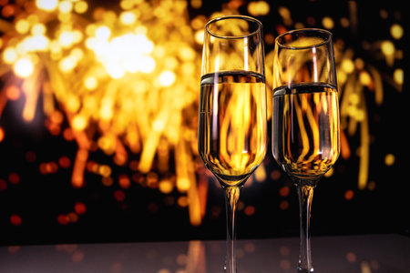 two sparkling champagne glasses captured just before fireworks illuminate night sky during festivitiesの写真素材