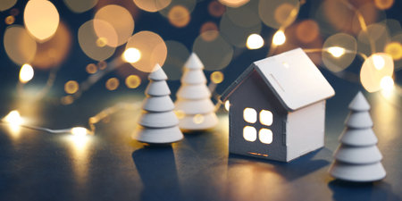 Christmas decorations with garland on dark backgroundの写真素材