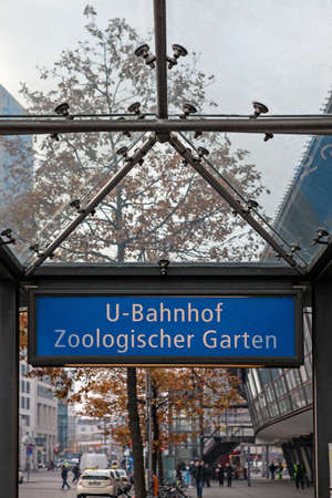 BERLIN, GERMANY - NOVEMBER 13, 2014 :  Berlin Zoologischer Garten (Bahnhof ZOO)metro sign. Zoo was the main train station in West Berlin during the Cold War.のeditorial素材