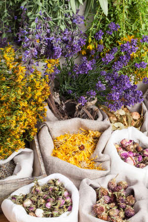 Healing medical herbs in a linen sacks.の写真素材