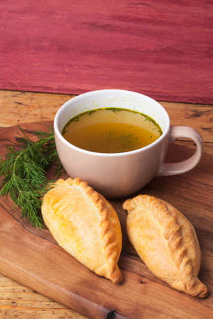 Kibinai (kybyn,kybynlar,chiburekki,shishlik) are traditional pastries filled with mutton and onion, popular with Karaite ethnic minority in Lithuania. Kibinai usually served with chicken broth.の写真素材