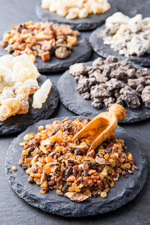 Various kinds of incense: myrrh, frankincense, messer, copaiba,elemi camonyaの写真素材