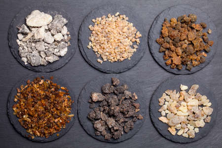Various kinds of incense: myrrh, frankincense, messer, copaiba,elemi camonyaの写真素材