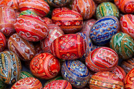 Traditional ukrainian wooden easter eggs in a street market.