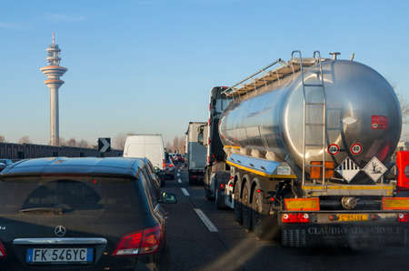 MILAN, ITALY - DECEMBER 03, 2017: Vehicles queue on traffic jam in a highway (tangenziale ovest) near Milan.のeditorial素材