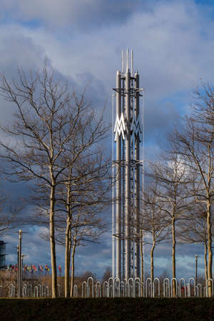 Leipzig,Germany-February 19, 2020: Exhibition Centre tower. The new Leipzig Trade Fair was built 1995. The new fairground consists of six halls: which have a size of 20,000 sqare metres.のeditorial素材