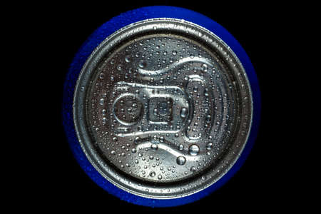 Top of a can with a drink in blue on a black background