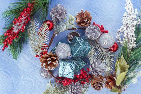 Christmas tree decoration. New Years toys on the tree. Background toys on the Christmas tree. Holiday.の写真素材