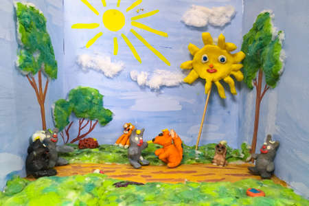 Toy wood made of plasticine. Figures of animals from plasticine. Childrens creativityの写真素材