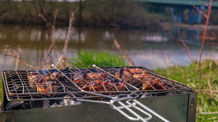 Meat is roasted on the grill on coals by the riverの写真素材